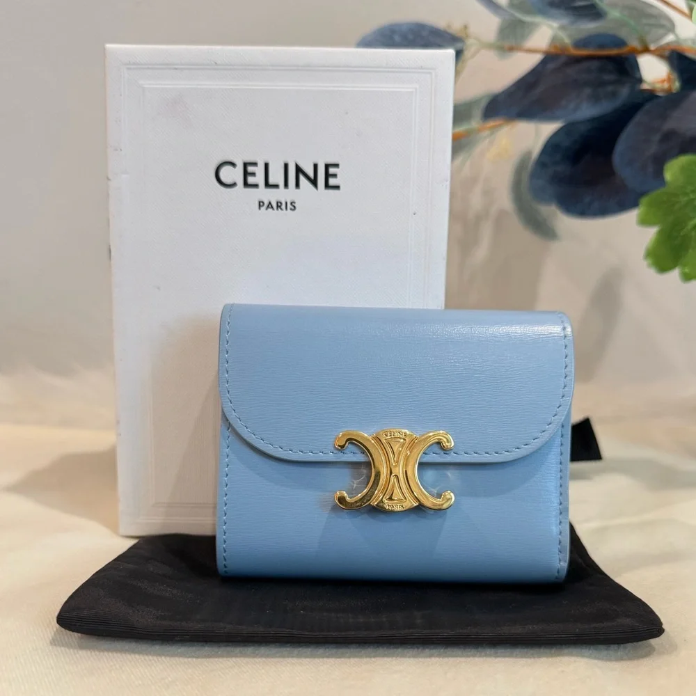 SOLD‼️Celine Triomphe Calf Leather Trifold Wallet In Arctic Blue - Picture 1 of 17